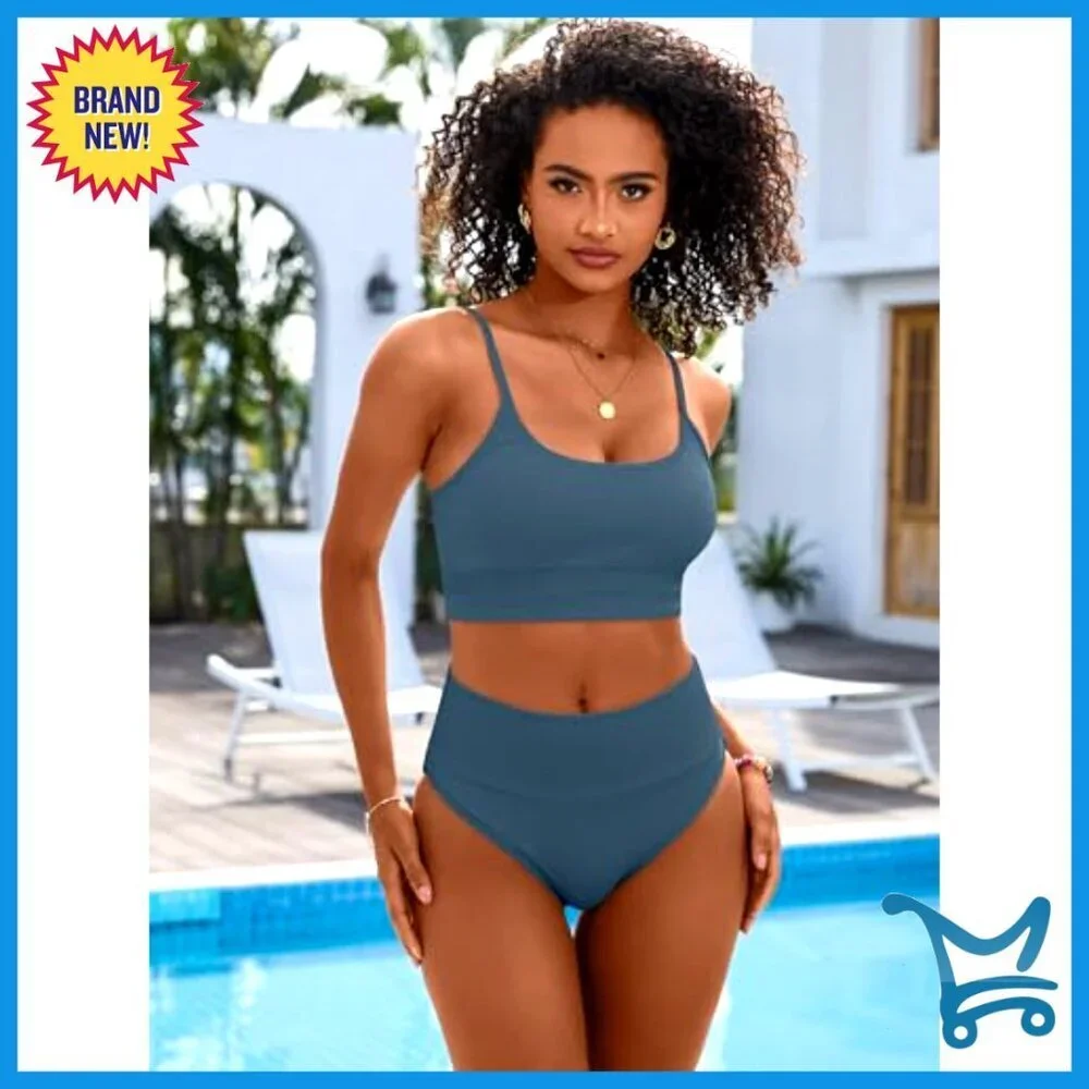 High Waisted Ribbed Bikini Set Tummy Control Adjustable Straps Summer Beach